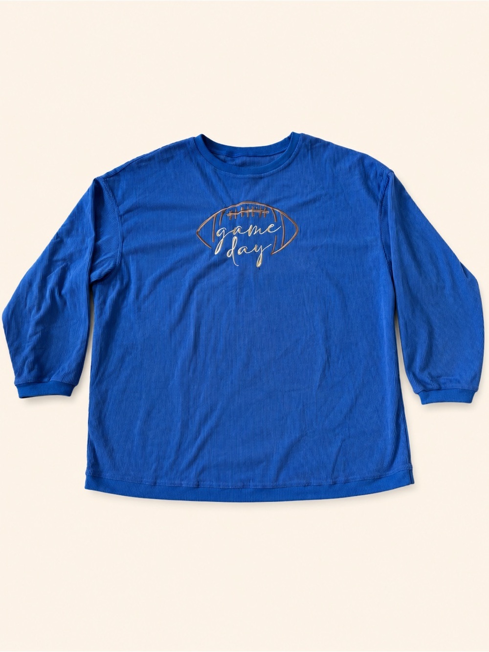 Game Day Football Graphic Ribbed Long Sleeve Top Blue 3XL Plus Size - Picture 3 of 7